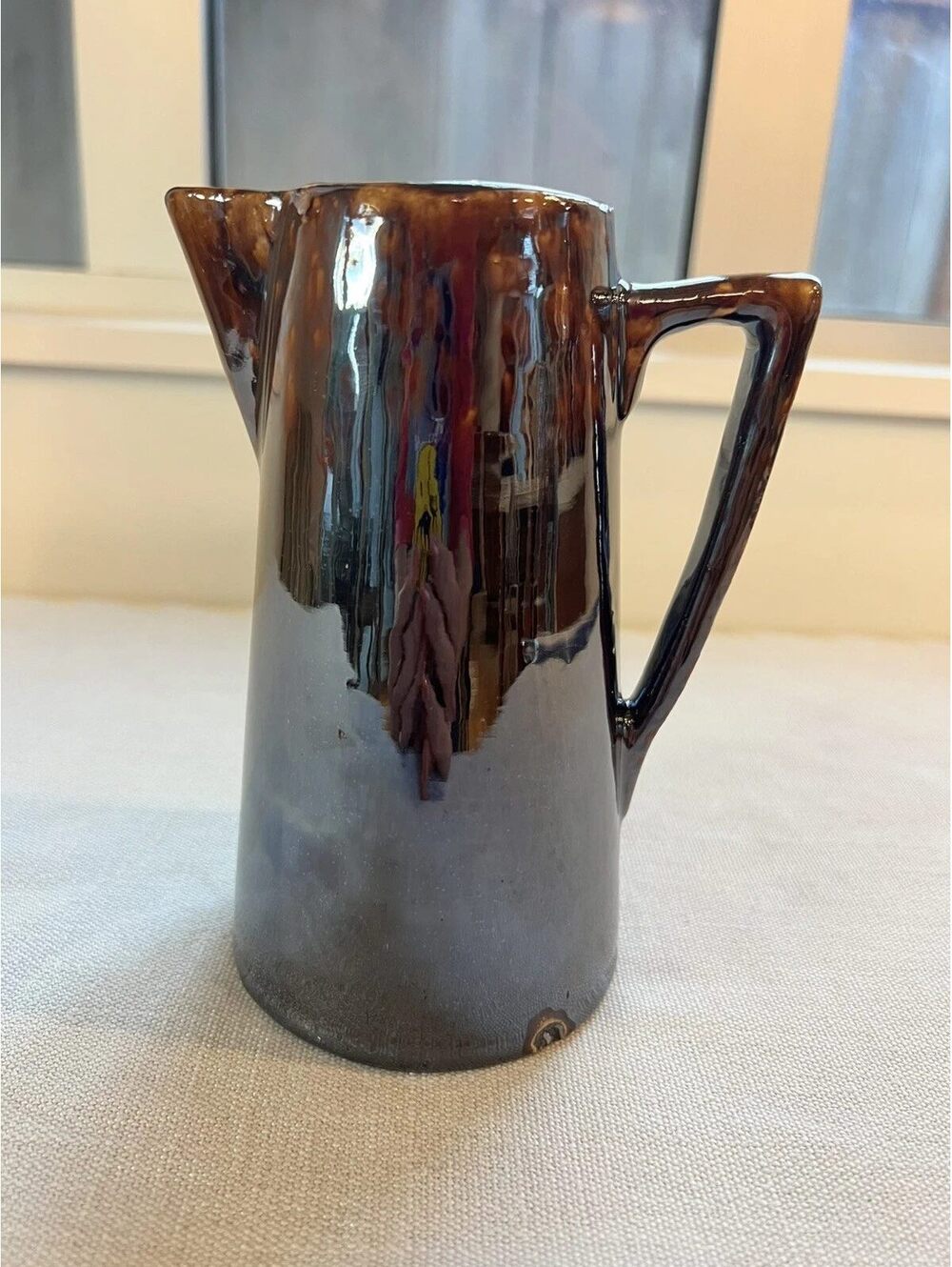 Vintage Tortoiseshell Brown Drip Glaze Ceramic Pitcher, Unmarked Studio Style